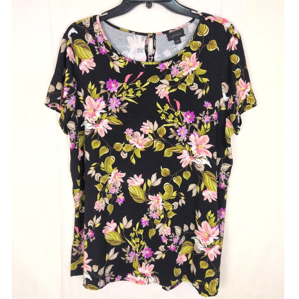 J Jill Wearever black floral print stretch knit top Size Large Travel Casual